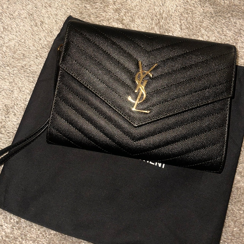 NEW YSL Black Chevron Clutch with Gold Logo